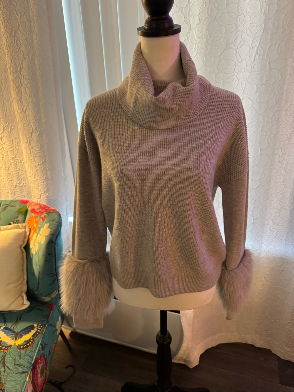 Ramy Brook Taupe Gray Turtleneck Sweater with Faux Fur Cuffs